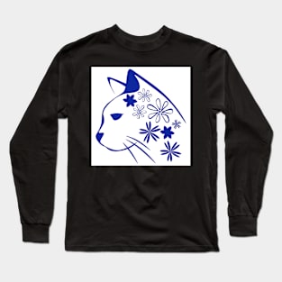 White and Blue Floral Cat Long Sleeve T-Shirt